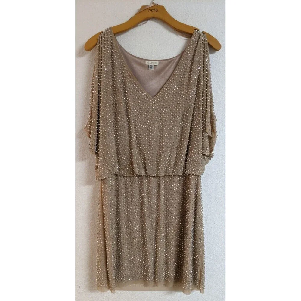 Cache | Dresses | Womens Cache Silver Beaded Beige Vneck Cold Shoulder  Occasionparty Dress 2 | Poshmark